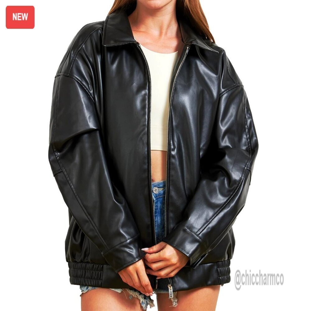 Oversized Faux Leather Jacket Y2K Motorcycle Bomber Coat Fall Winter Wear